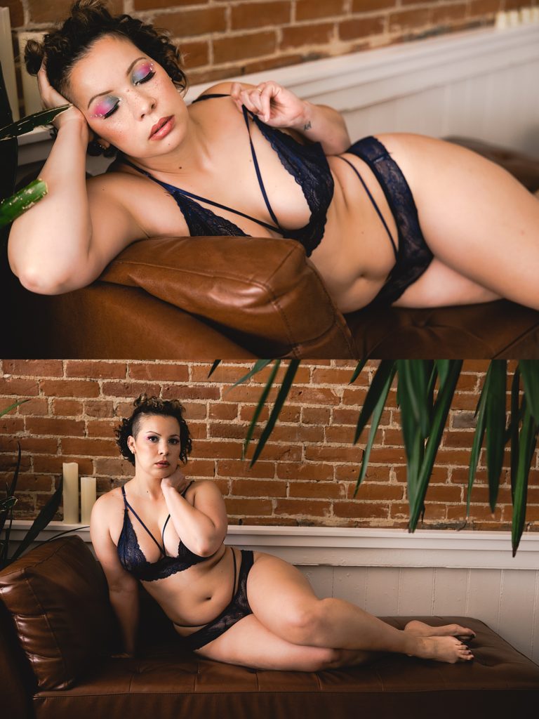 Woman in lingerie on a couch by Kansas City photographer, WMNKND. 