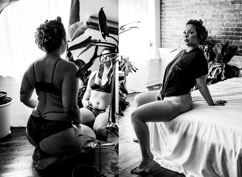 Woman in tee shirt and underwear sitting on a bed in KC boudoir studio. 