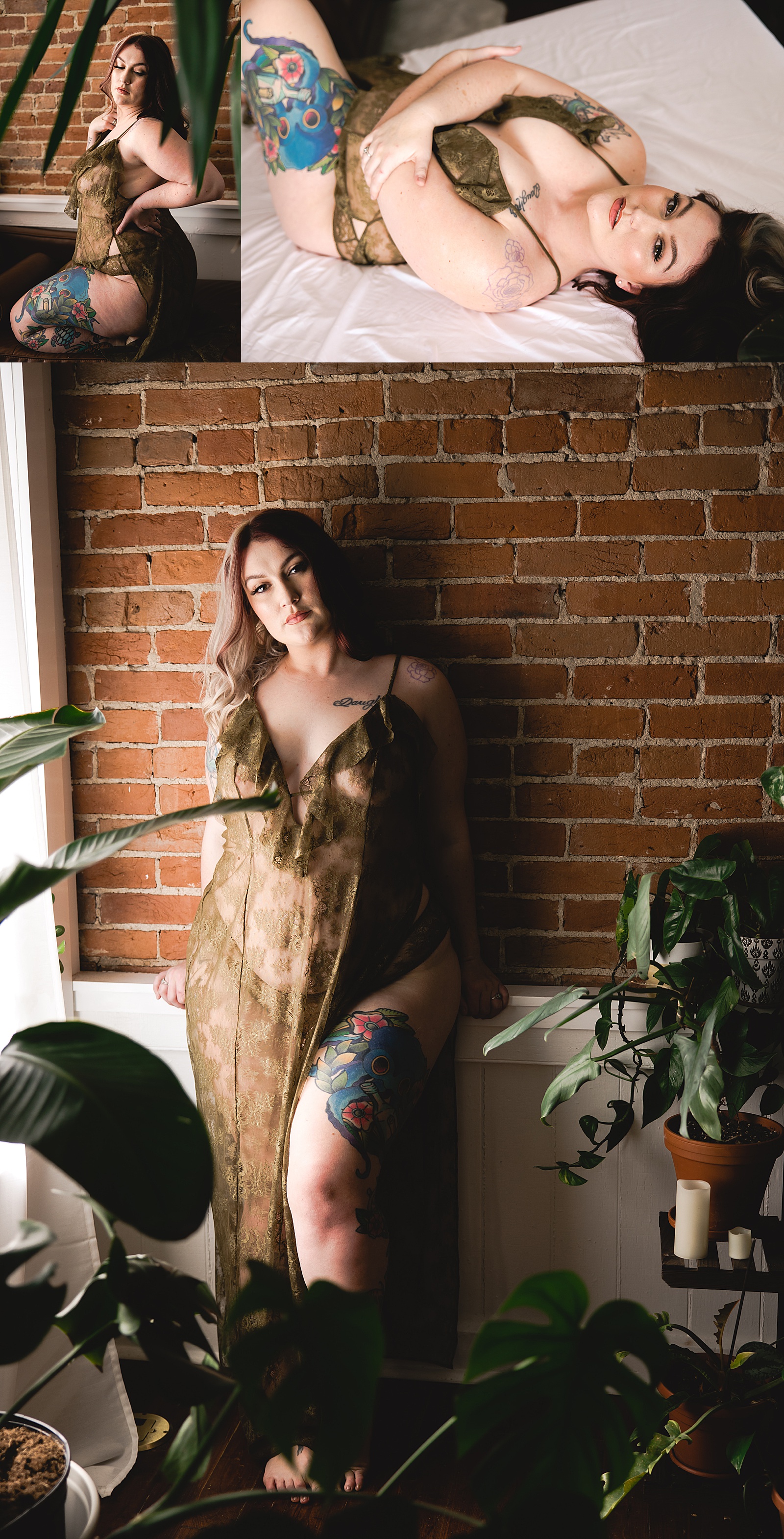 Woman in green lace lingerie dress at a boudoir photo shoot with photographer WMNKND.