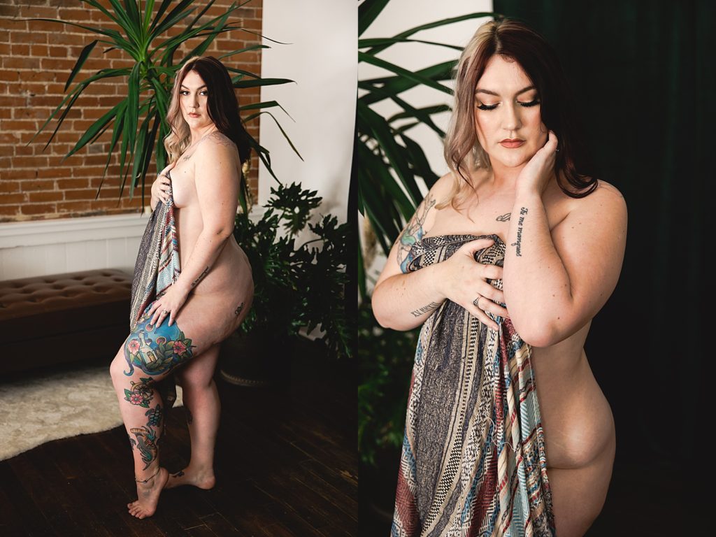 Nude woman in a boudoir studio for her session with a disco ball and lots of plants.