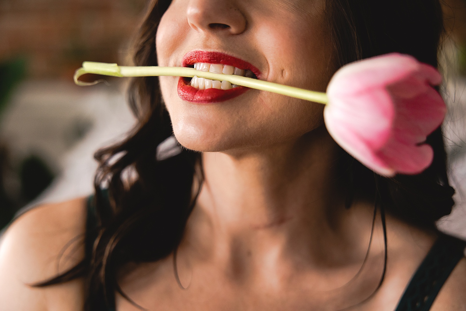 Woman with red lips holding a tulip in her mouth 
