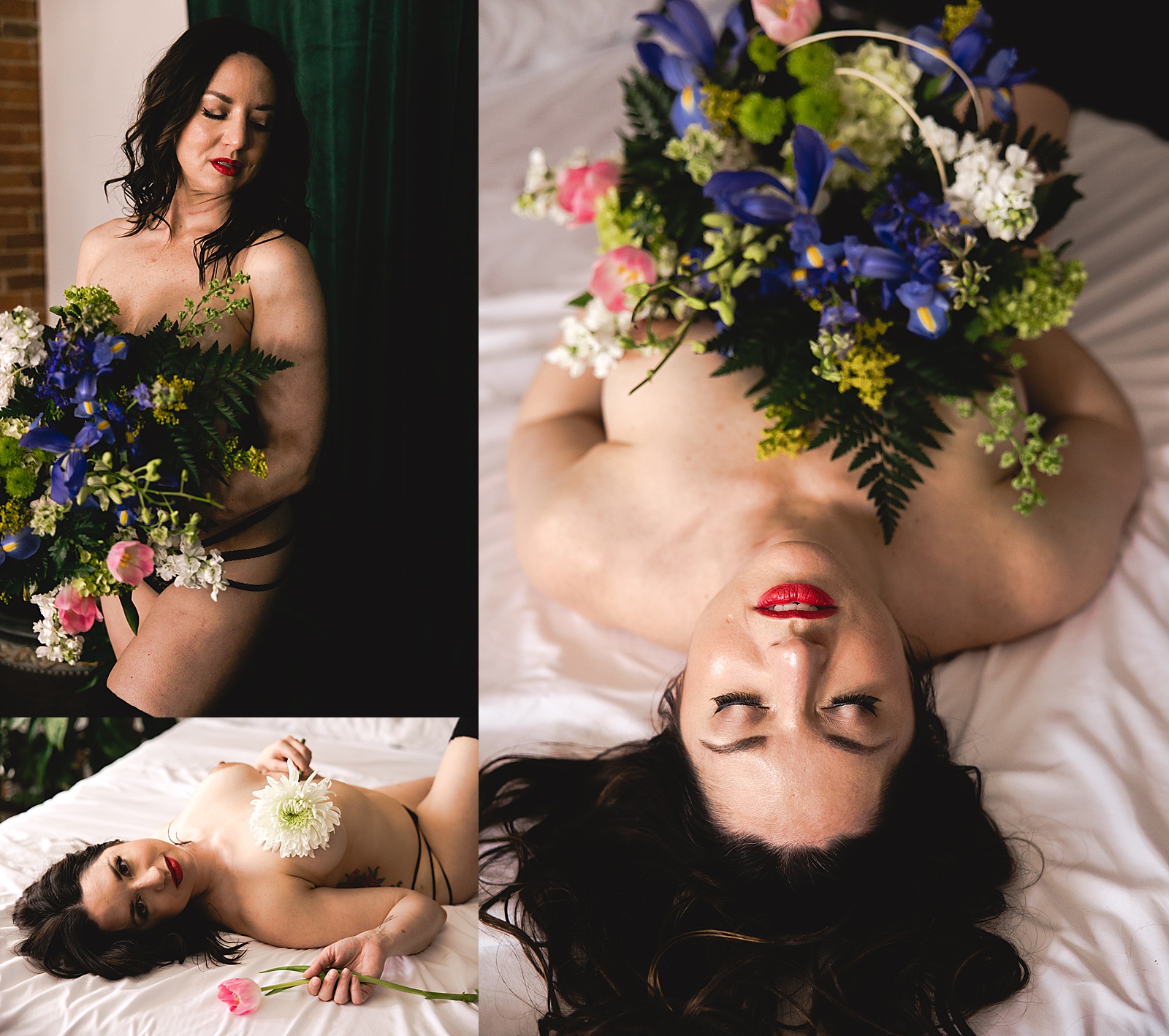 Woman holding large bouquet of flowers nude on a bed 