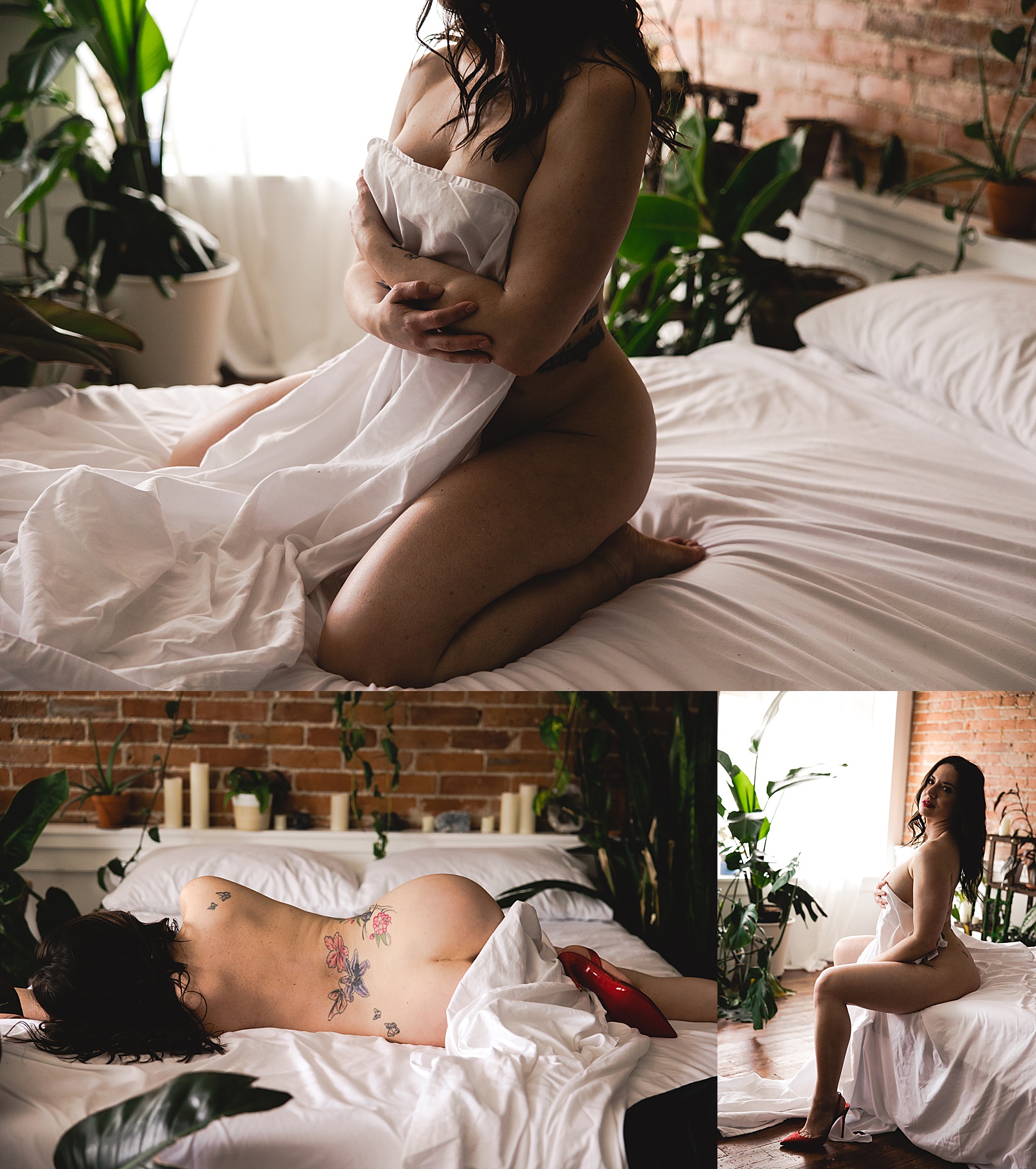 Nude woman covering herself with a sheet by Kansas City boudoir photographer, WMNKND