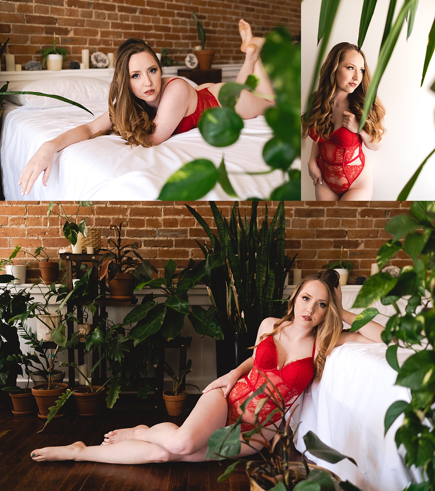 gift for military spouse session wearing lace red body suit on bed