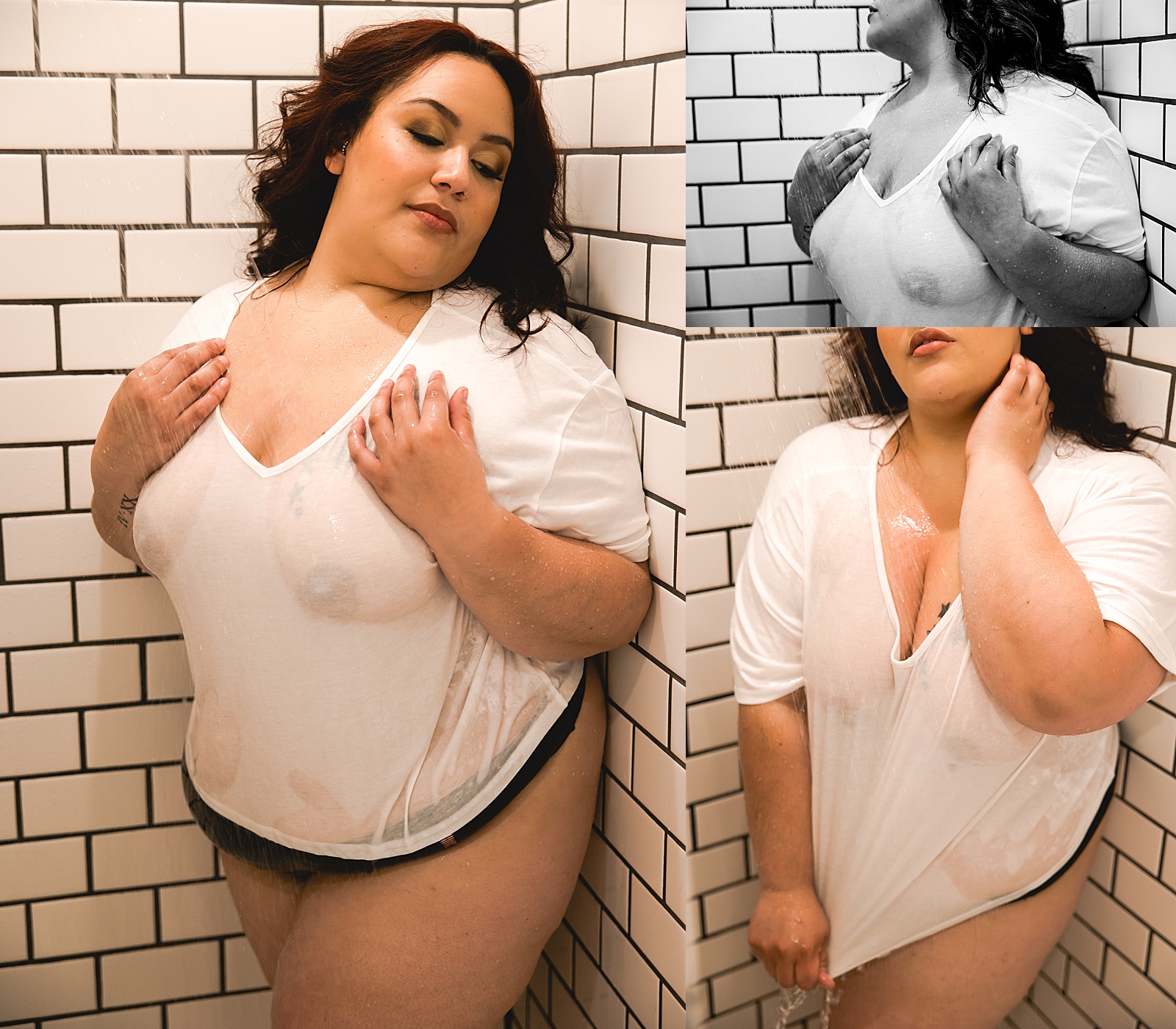 White T-shirt in shower with black lace thong for empowering photo shoot