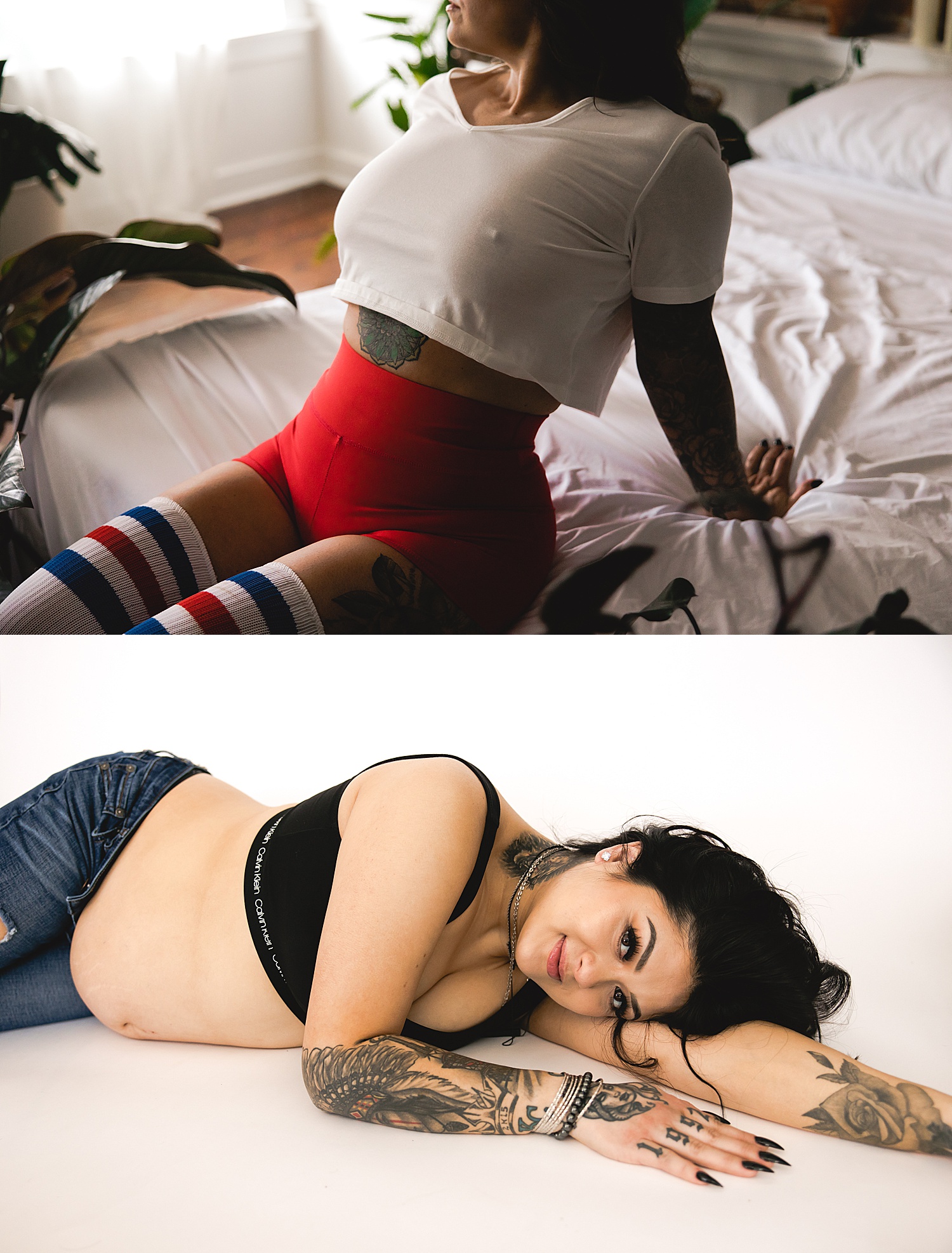woman wearing sports outfit during boudoir session in Kansas City 