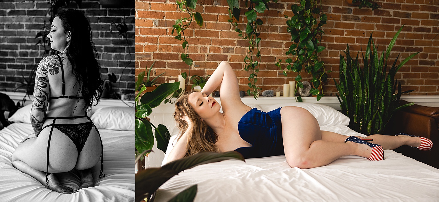 woman wearing red white and blue heals while laying on bed during boudoir session 