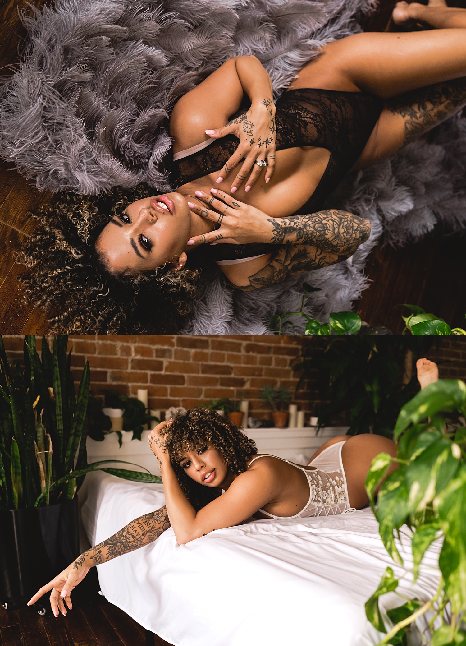 woman wearing white lace body suit in posed boudoir session with greenery accents 