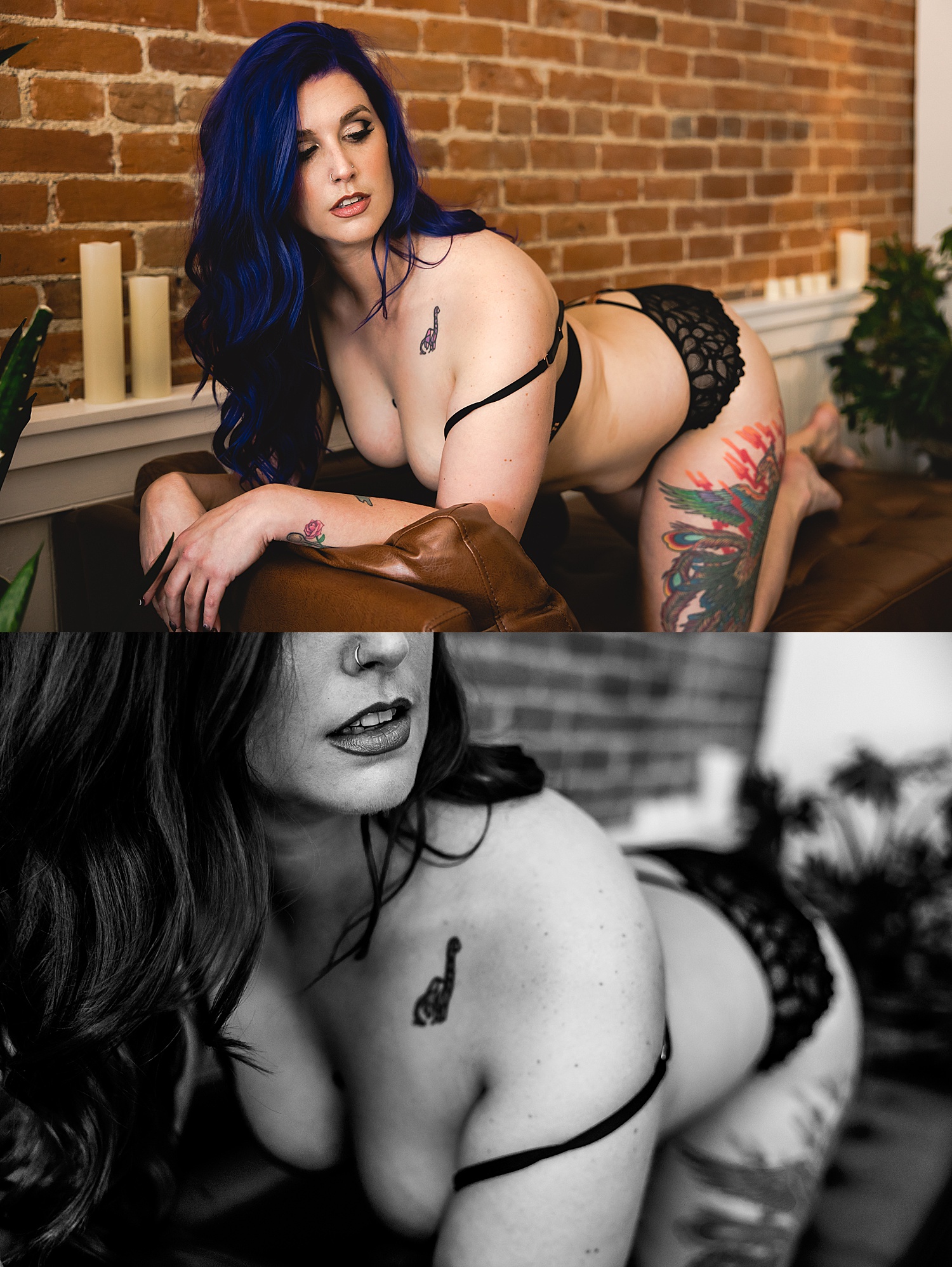 Woman with blue hair wearing black lace lingerie with Kansas City put war photographer
