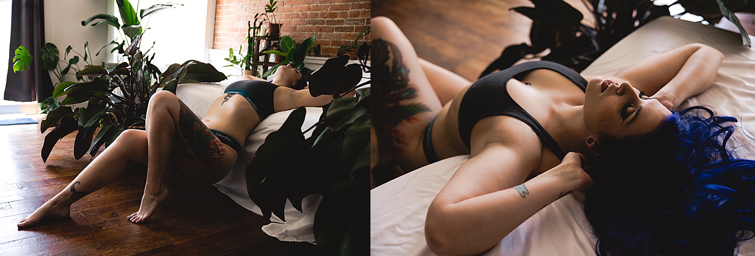 Body confidence boudoir session with woman who has tattoos in Kansas City
