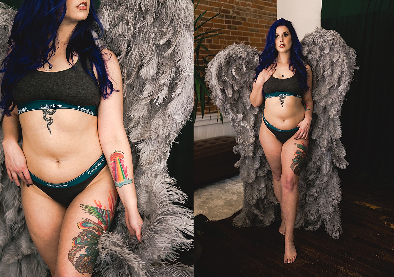 Woman wearing two piece set and angel wings during body confidence boudoir session 