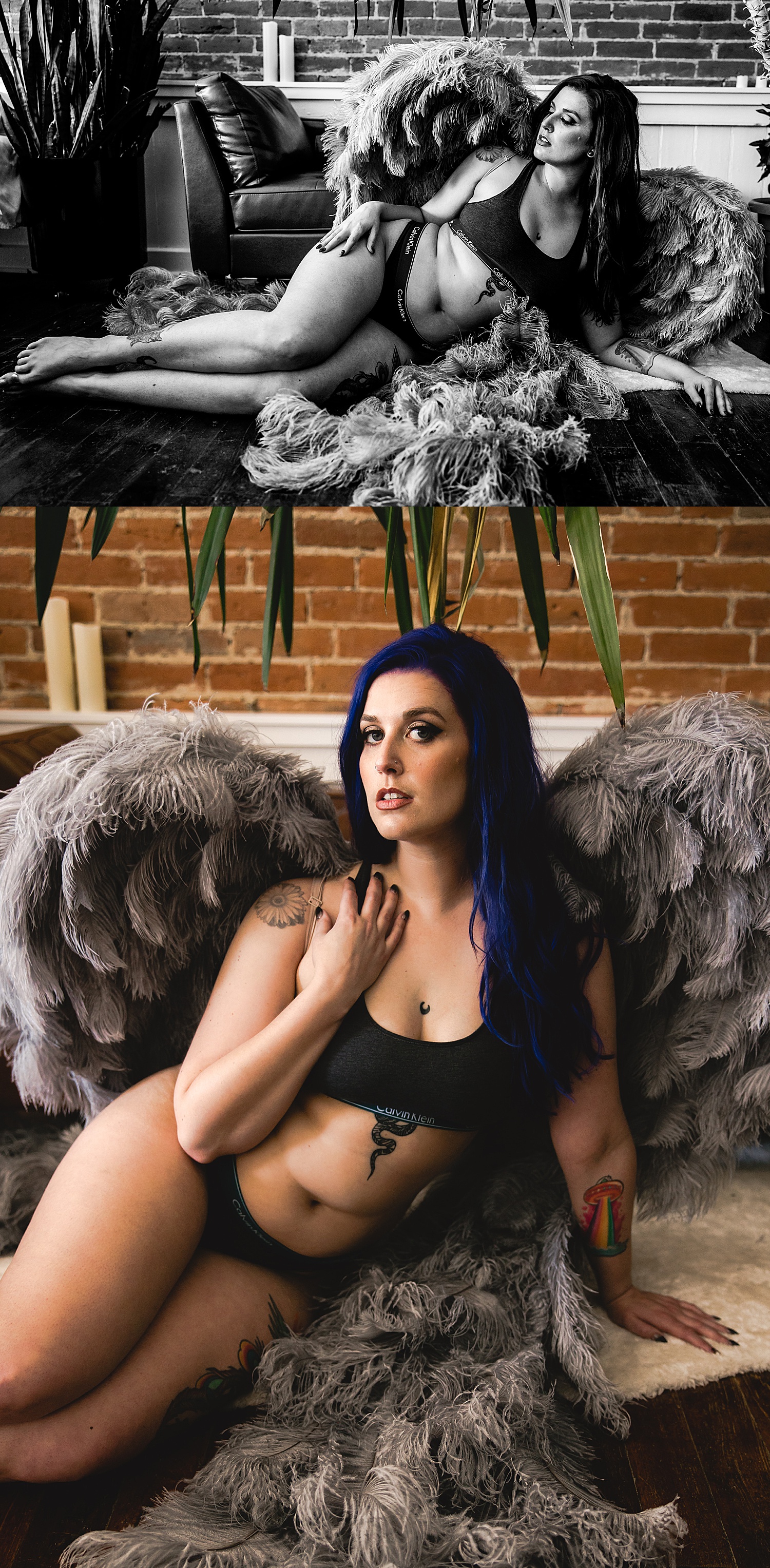woman wearing angel wings in boudoir studio during boudoir body confidence session 