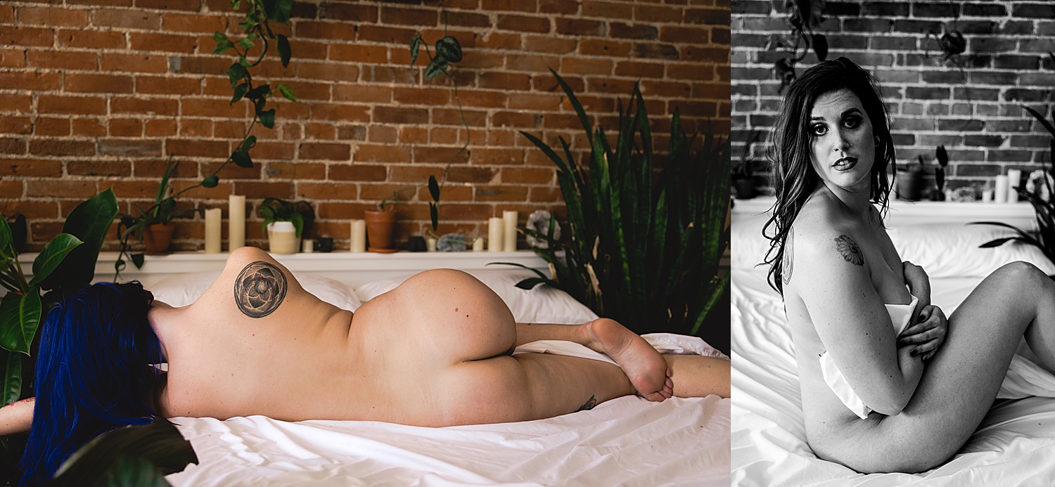 body confidence boudoir session with tattooed woman on bed in Kansas City 
