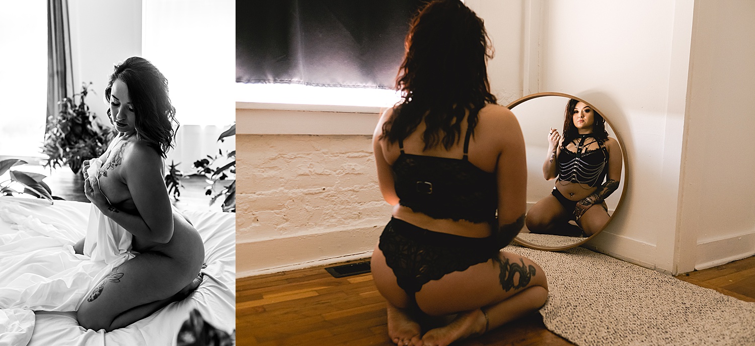 Women fully nude during boudoir session with Kansas City boudoir photographer