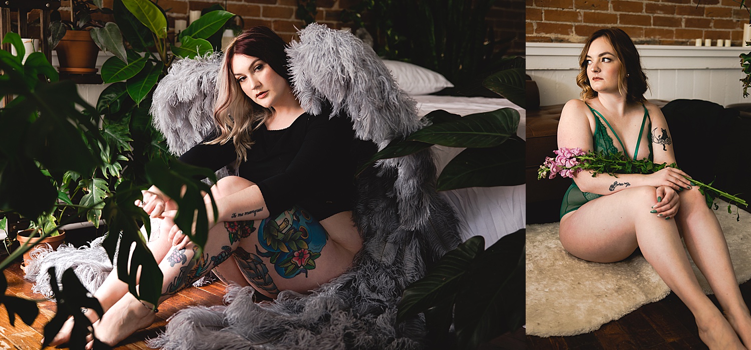 Boudoir session with women wearing lace lingerie and Victoria’s Secret angel wings