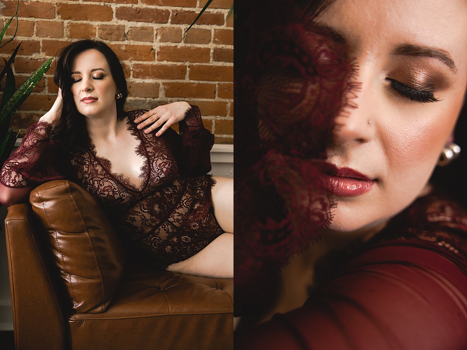 red lipstick and maroon lace body suit sitting on leather couch in Kansas City boudoir studio 
