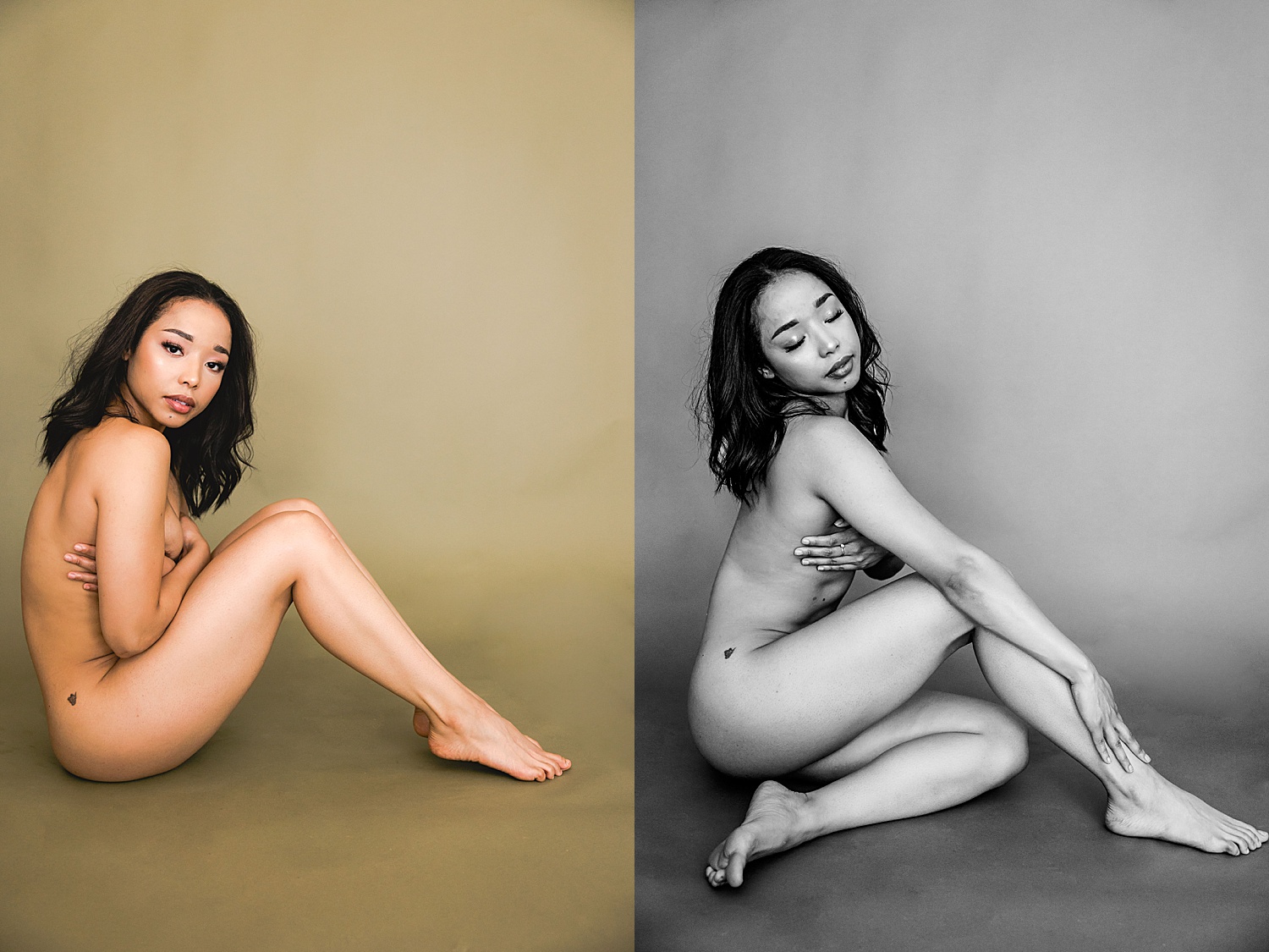 fully nude boudoir session in Kansas City in front of solid colored backdrop 