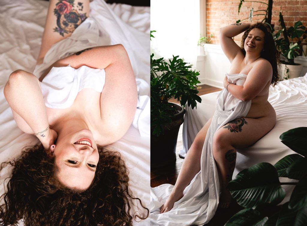 white sheet boudoir photo session poses and inspiration