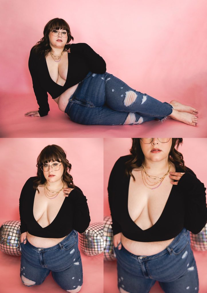 pink backdrop and jeans self love boudoir