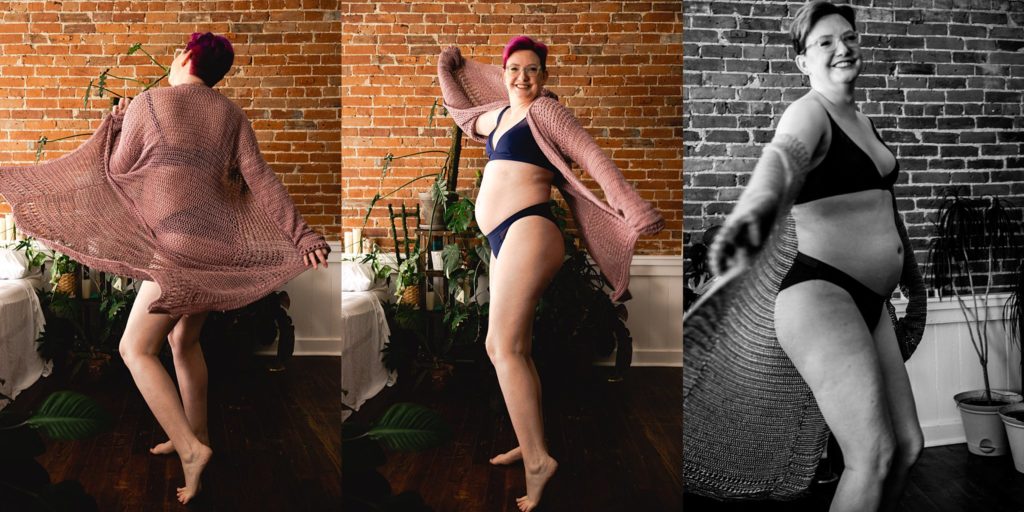 joyful body positive boudoir photos with handmade cardigan