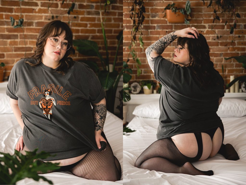 self love boudoir portraits with women empowerment girrl scout shirt
