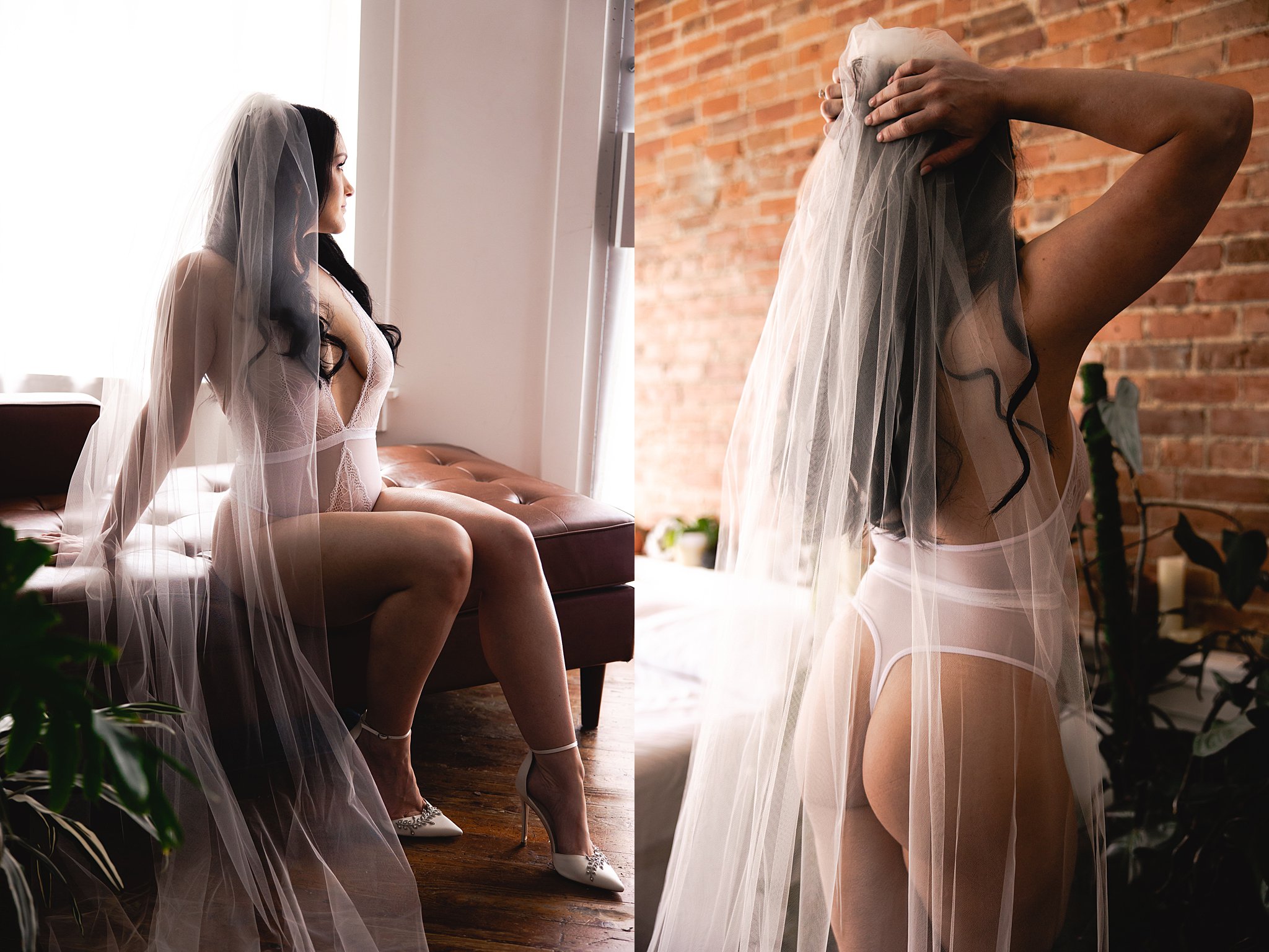 bridal boudoir photos with veil and wedding shoes