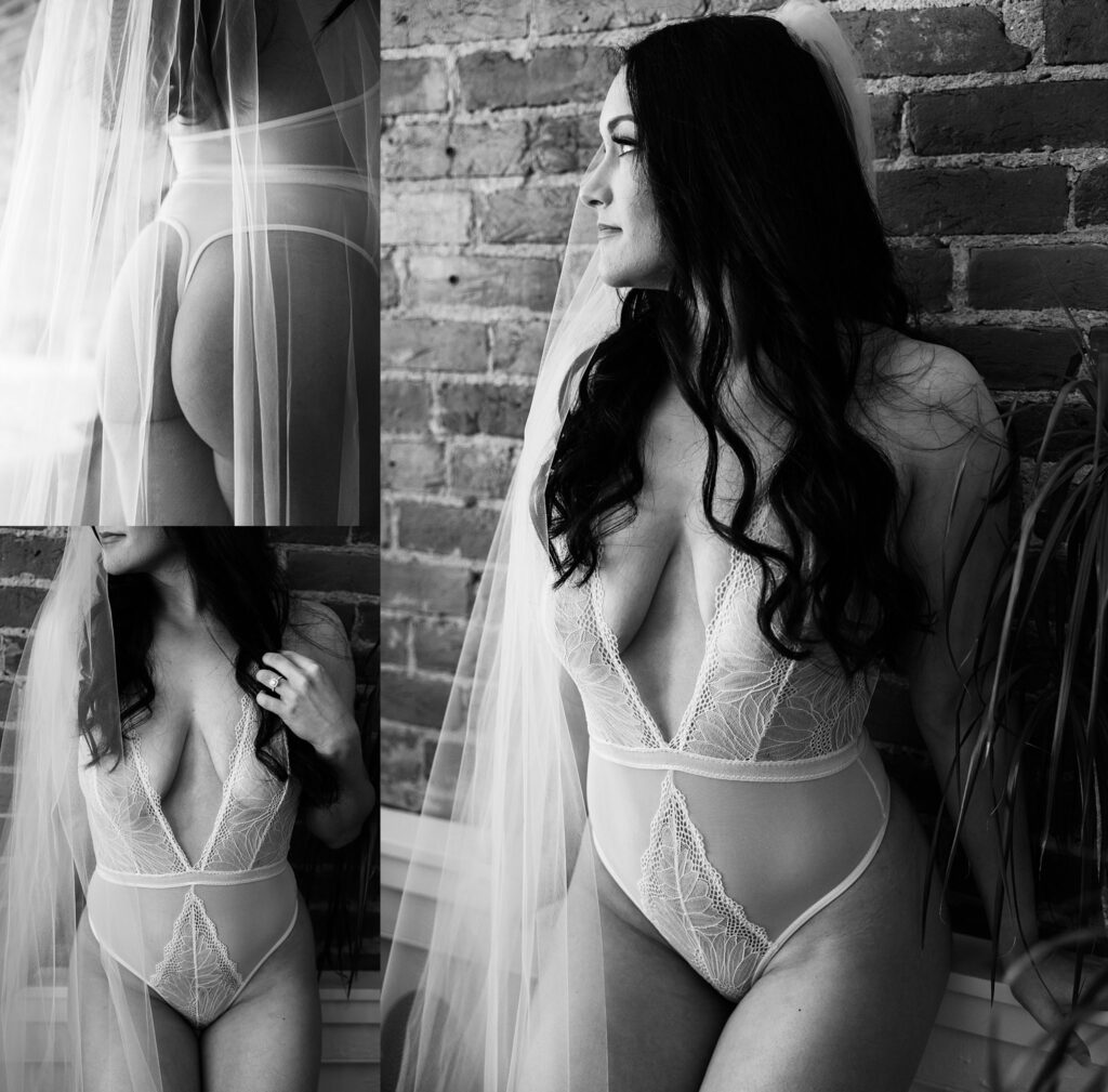 black and white bridal boudoir photos with wedding veil
